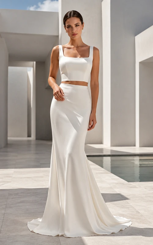 Ensemble de mariée sirène à bretelles carrées en satin, haut court et structurel