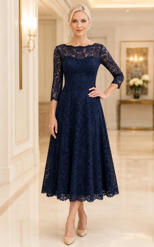 Vintage Dark Navy Jewel Neck Long Sleeve Tea-length Lace A-line Dress
