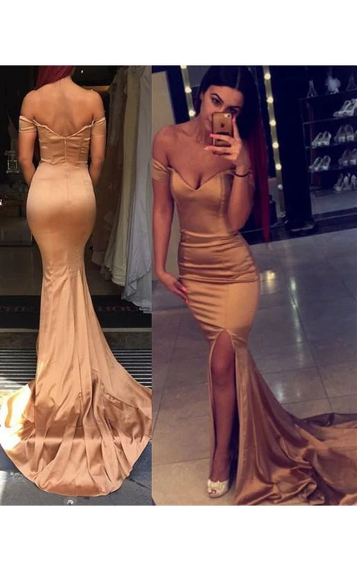 Vestido de noche sexy estilo sirena con hombros descubiertos y cremallera en la espalda para fiesta de graduación