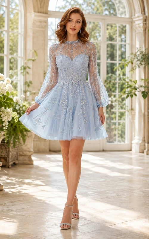 Vestido de cóctel de graduación azul cielo con cuello alto, encaje, tul y corte en A, mangas largas transparentes y detalles de pedrería.