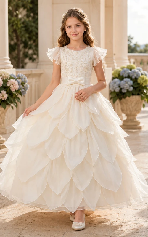 Elfenbeinfarbenes Kommunionskleid für Blumenmädchen mit kurzem, flatterndem Ärmel, knöchellangem Rock und Schmuckkragen aus Organza, Blütenblattmuster und Spitze
