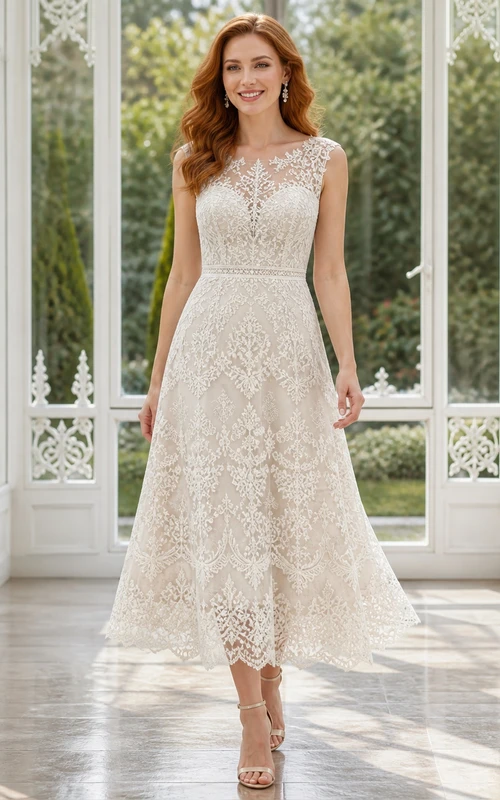 Vestido de novia civil sin mangas, de corte A, estilo vintage, modesto, de encaje y largo hasta la rodilla.