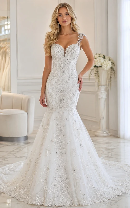 Silbernes Meerjungfrauen-/Trompetenkleid aus Spitze mit Herzausschnitt, ärmellos, bodenlang, mit Schleppe, elegantem Design
