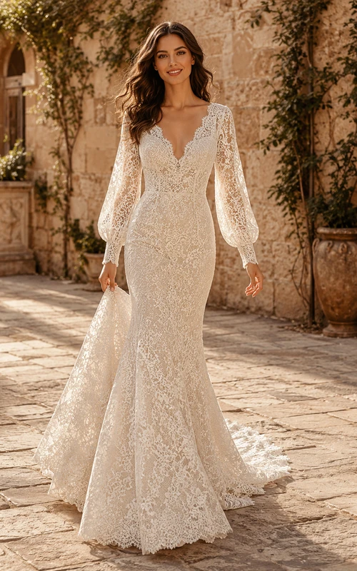 Robe de mariée modeste en dentelle et tulle, coupe sirène, col rond, manches longues et traîne chapelle.