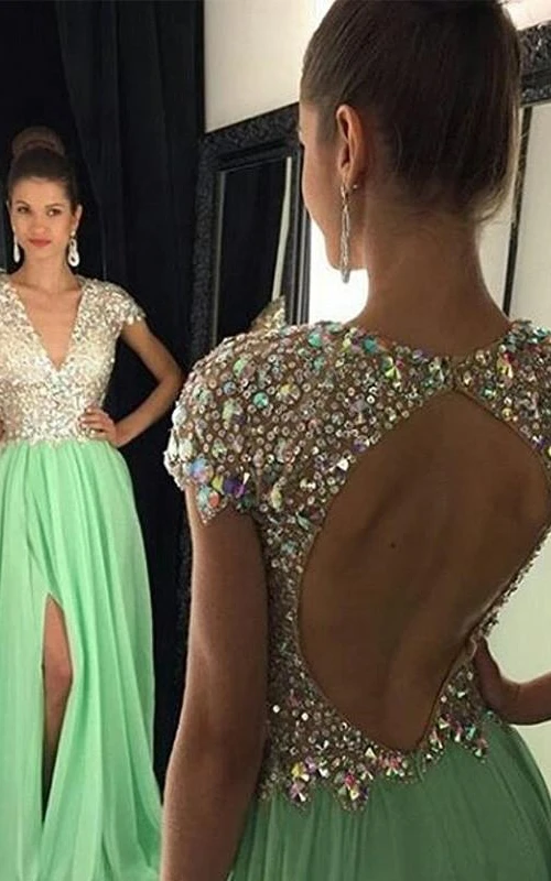 Vestidos largos de gasa con lentejuelas, mangas cortas y escote en V, corte en A