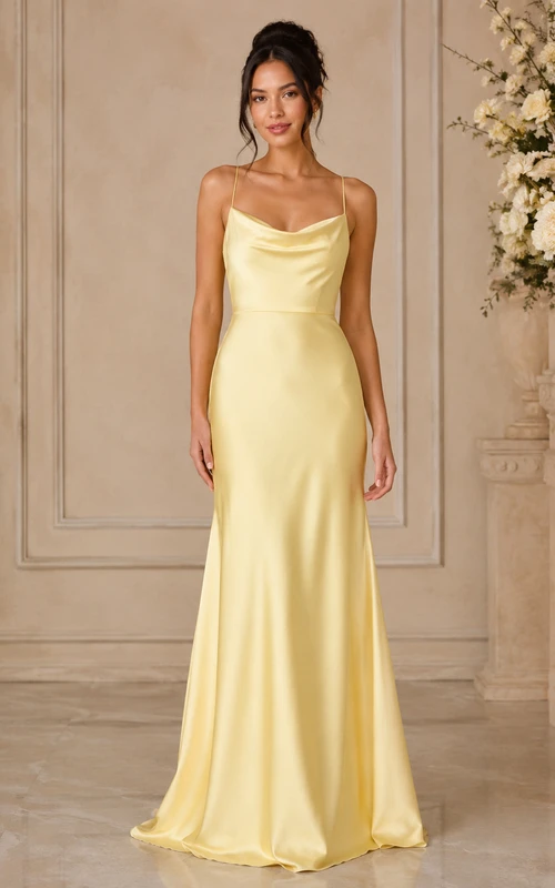 Robe de demoiselle d'honneur fourreau en satin à col bénitier couleur jonquille