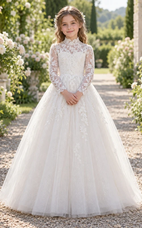 Vestido de niña de flores de tul blanco con cuello alto, manga larga y corte en A, estilo modesto, con estampado floral y manga larga.
