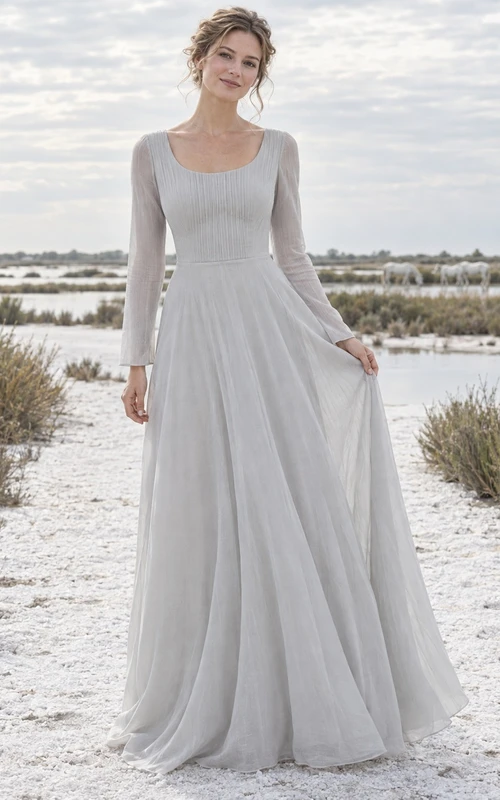 Vestido de novia sencillo gris, corte en A, escote redondo, mangas largas transparentes, largo hasta el suelo.