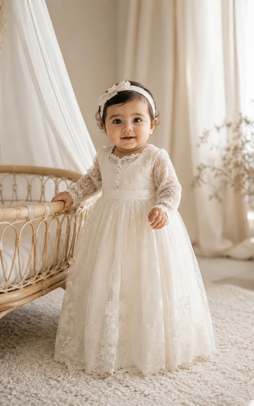 Long Sleeve Lace Baby Christening A-Line Floor-Length Tulle Gown