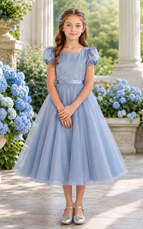 Blumenmädchenkleid, stahlblau, Chiffon, A-Linie, kurze Ärmel, eckiger Ausschnitt, Teelänge, Schleifendetail