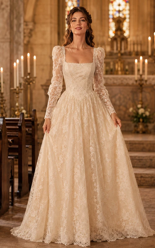Champagne Square Neck Lace Sleeve A-Line Chapel Bridal Gown
