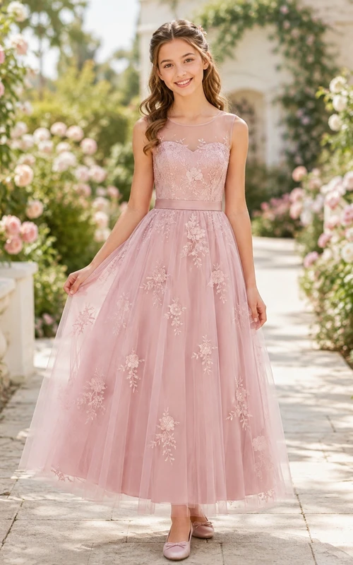 Vestido de dama de honor juvenil rosa rubor, corte en A, hombros descubiertos, mangas cortas, bordado