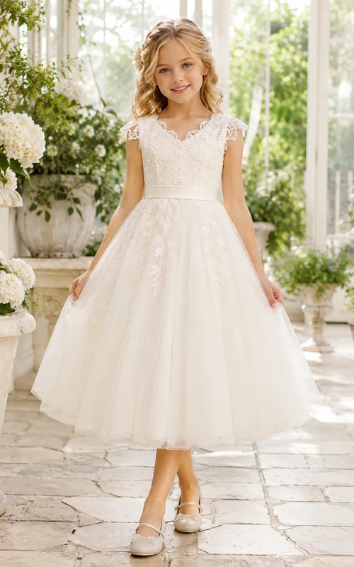 Elegant Princess Tea-Length A-Line Tulle Lace Scalloped V-Neck Flower Girl Dress