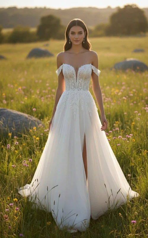 Robe de mariée bohème à épaules dénudées et coupe trapèze avec traîne