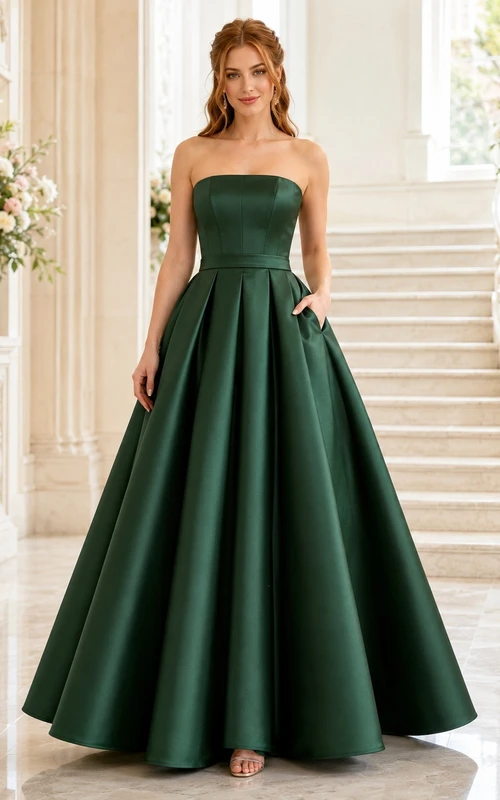 Waldgrünes, trägerloses, ärmelloses Ballkleid aus Satin, bodenlang, mit Taschen