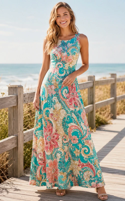 Vestido largo sin mangas de batik con estampado paisley turquesa para resort de playa