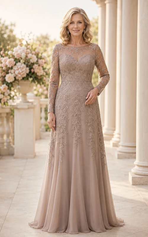 Taupefarbenes, langärmeliges A-Linien-Kleid mit Spitzenoberteil für Mütter