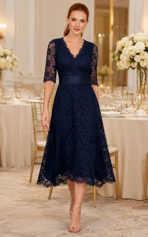 Dark Navy Lace V Neck Three Quarter Sleeve A Line Midi Dress