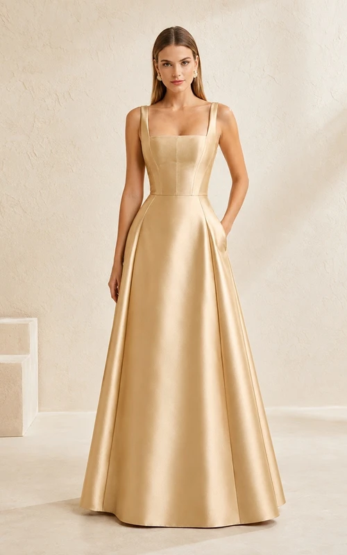 Vestido sencillo de satén color champán con escote cuadrado, tirantes finos y largo hasta el suelo, corte en A.