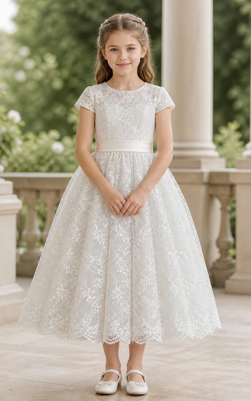 Vintage Tea-length A-Line Jewel Short Sleeve Full Lace Flowergirl Dress