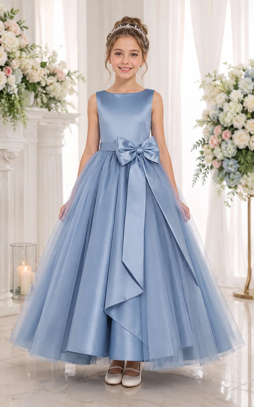 Stahlblaues A-Linien-Blumenmädchenkleid aus Satin mit Schleifenschärpe