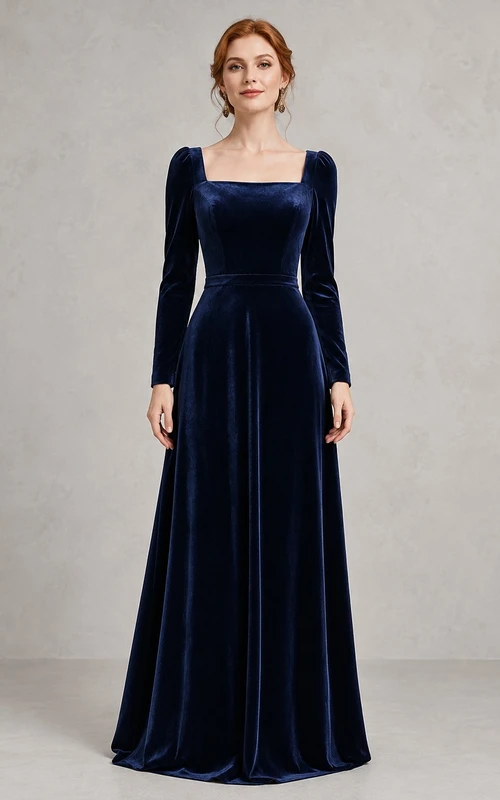 Modest Dark Navy Square Neck Long Sleeve Velvet A-Line Floor-Length Evening Gown