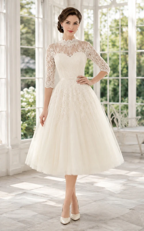 Robe de mariée des années 1950, style modeste, col montant, manches trois-quarts en dentelle illusion, coupe trapèze, longueur thé, en tulle.