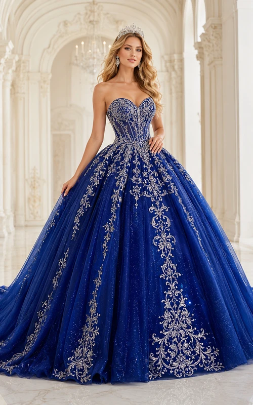 Vestido de quinceañera de princesa con cola catedral, sin tirantes, bordado, azul real y plateado, de lujo, sin tirantes, escote corazón, estilo princesa.