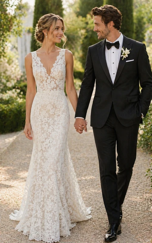 Robe de mariée simple en dentelle fourreau à col en V et dos nu en forme de goutte