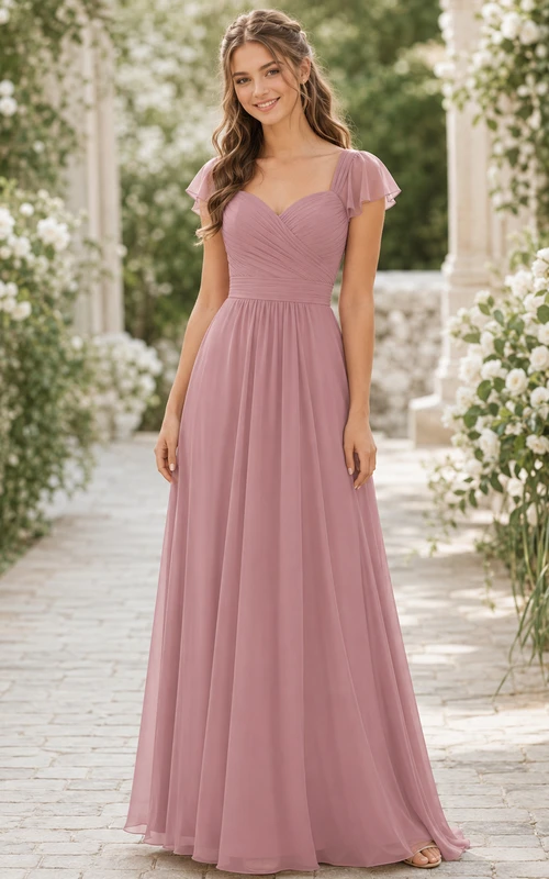 Dusty Rose Flutter Sleeve Junior Bridesmaid Chiffon Gown