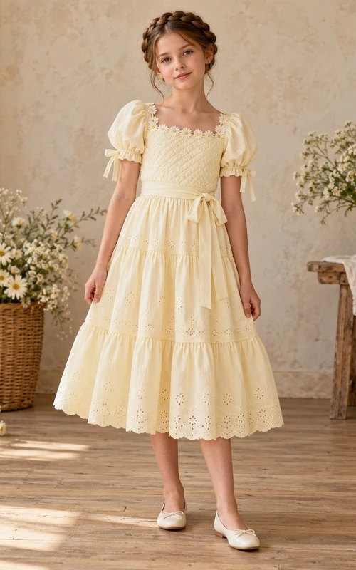 Daffodil Square Neck Puff Sleeve Eyelet Flower Girl Dress