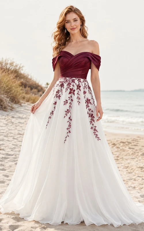 Burgunderfarbenes schulterfreies, kurzärmeliges, besticktes Tüll-Brautkleid in A-Linie mit Schleppe