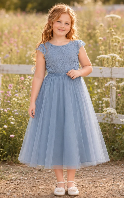 Blumenmädchenkleid, himmelblau, Tüll, A-Linie, Rundhalsausschnitt, Teelänge, Schleifendetail