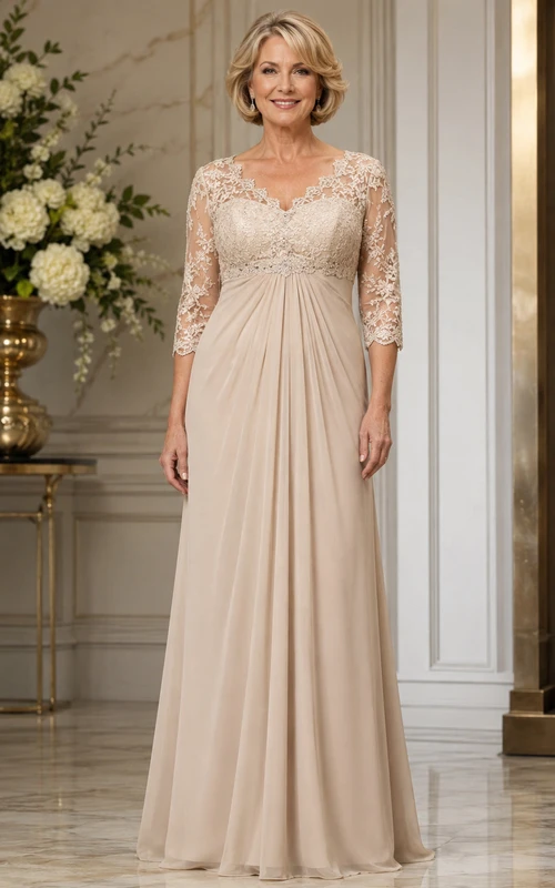 Vestido de novia de encaje de corte A y manga tres cuartos, estilo Imperio Champagne.