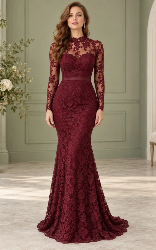 Vestido de noche formal de encaje burdeos, largo hasta el suelo, cuello alto, manga larga, corte sirena