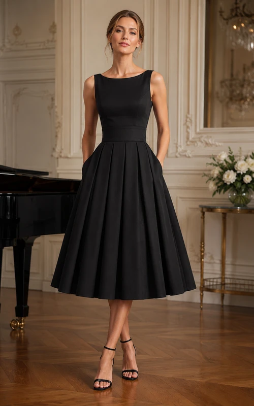 Ärmelloses, knielanges A-Linien-Kleid mit Falten