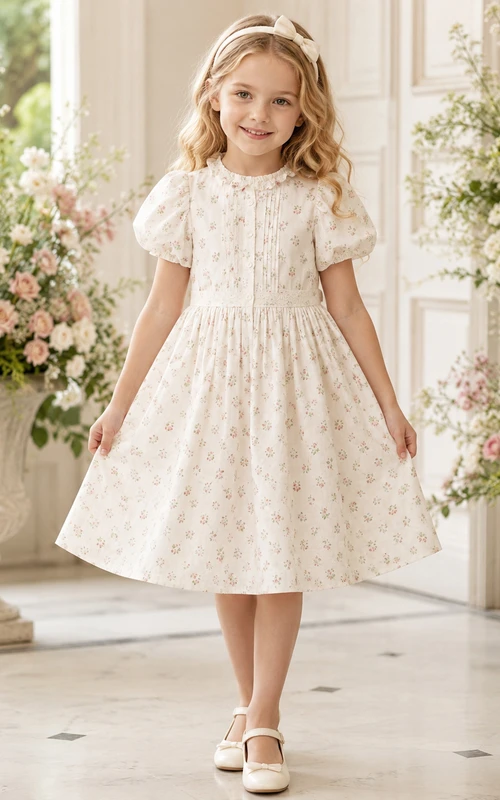 Puff Sleeve Tulle A-Line Flower Girl Dress with Jewel Neck, Tea-Length Skirt and Bow Detail