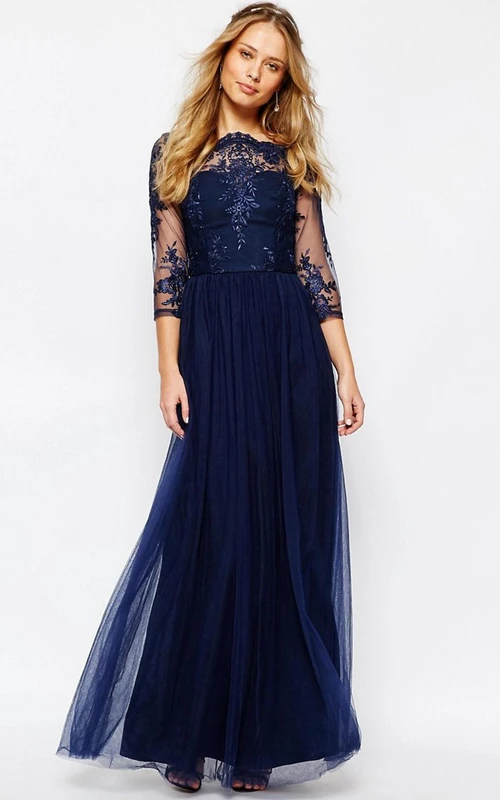 A-Line Appliqued Bateau-Neck 3-4-Sleeve Long Tulle Blue Bridesmaid Dress With Pleats