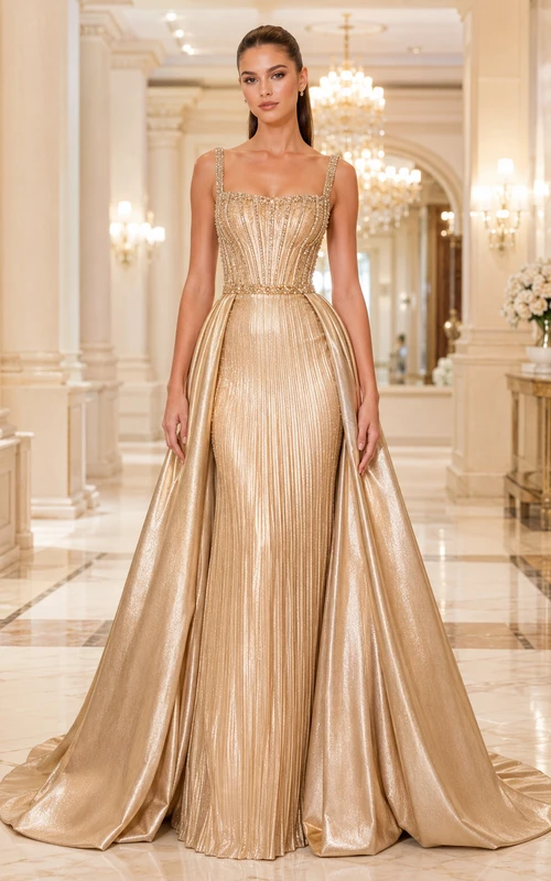 Gold Metallic Formal Gown with Beaded Square Bodice and Overskirt Train