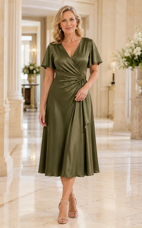 Olive Satin Tea-Length A-Line Elegant Mother of the Bride Cocktail Dress with V-Neck Flutter Sleeves and Side Ruching