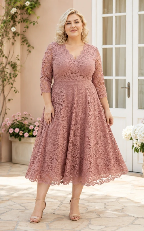Vestido midi de talla grande color rosa empolvado con escote en V, manga tres cuartos y encaje floral, corte en A.