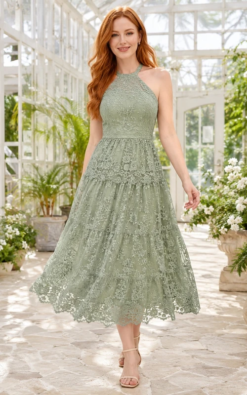Sage Lace Halter Neck Sleeveless Tea-length A-Line Garden Guest Dress