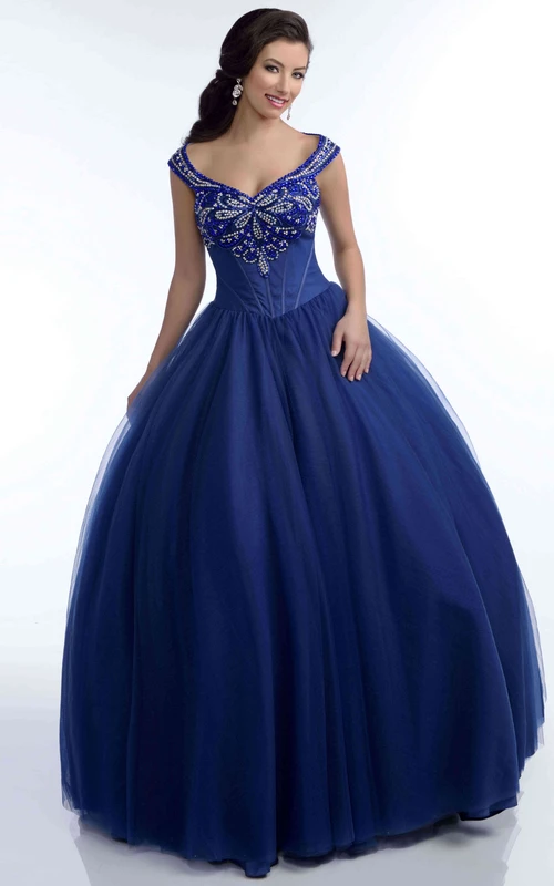 Robe de bal en tulle à col en V avec haut orné de cristaux