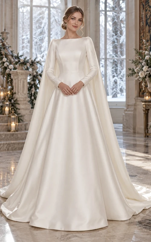 Vestido de novia sencillo y modesto de corte A con capa y cuello barco, manga larga, de satén y manga larga, ideal para invierno.