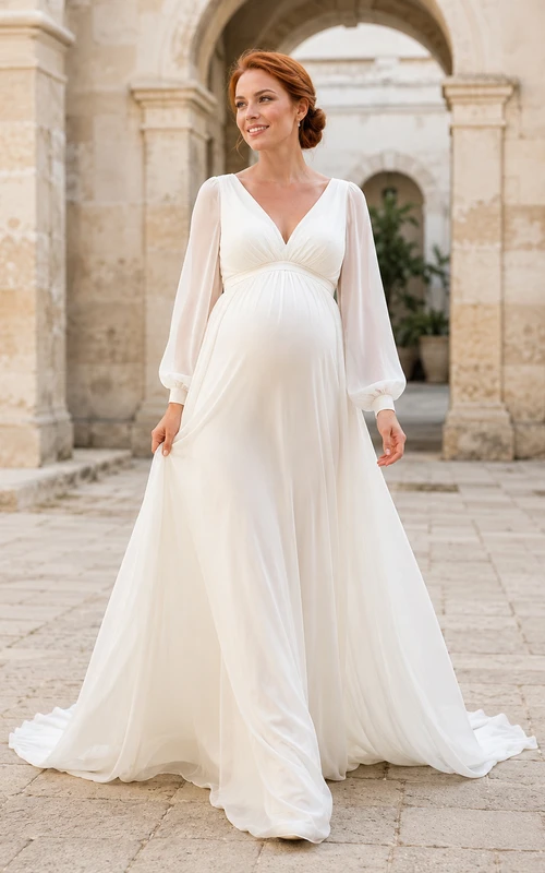 Simple Maternity V Neck Long Poet Sleeve Chiffon Empire Sweep Wedding Gown