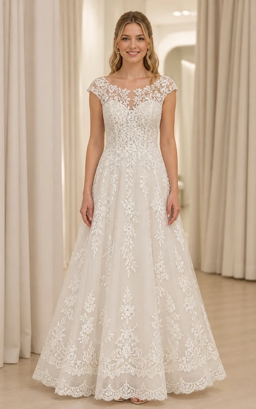 Vestido de novia modesto de corte A con escote barco, encaje botánico, mangas cortas y largo hasta el suelo.