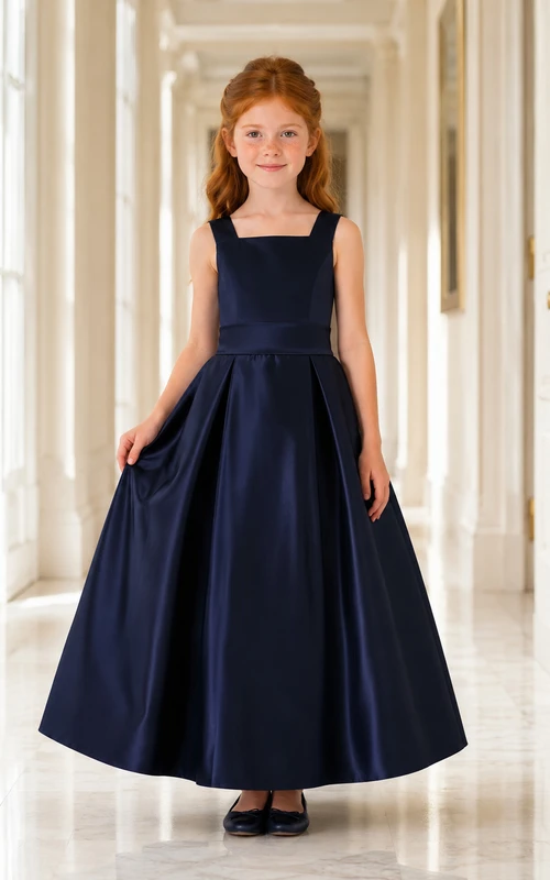 Robe de demoiselle d'honneur bleu marine foncé en satin, col carré, sans manches, coupe trapèze, longueur thé.