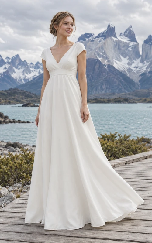 Vestido de novia de popelina con escote en V, mangas cortas, cintura ajustada y falda en línea A.