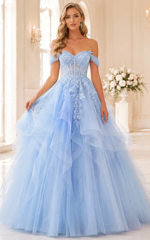 Vestido de fiesta largo hasta el suelo, azul cielo, con escote corazón, hombros descubiertos, apliques florales, cintura natural y volantes de tul.
