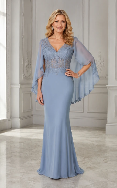 Vestido de sirena azul empolvado con escote en V y mangas tipo capa para madres.